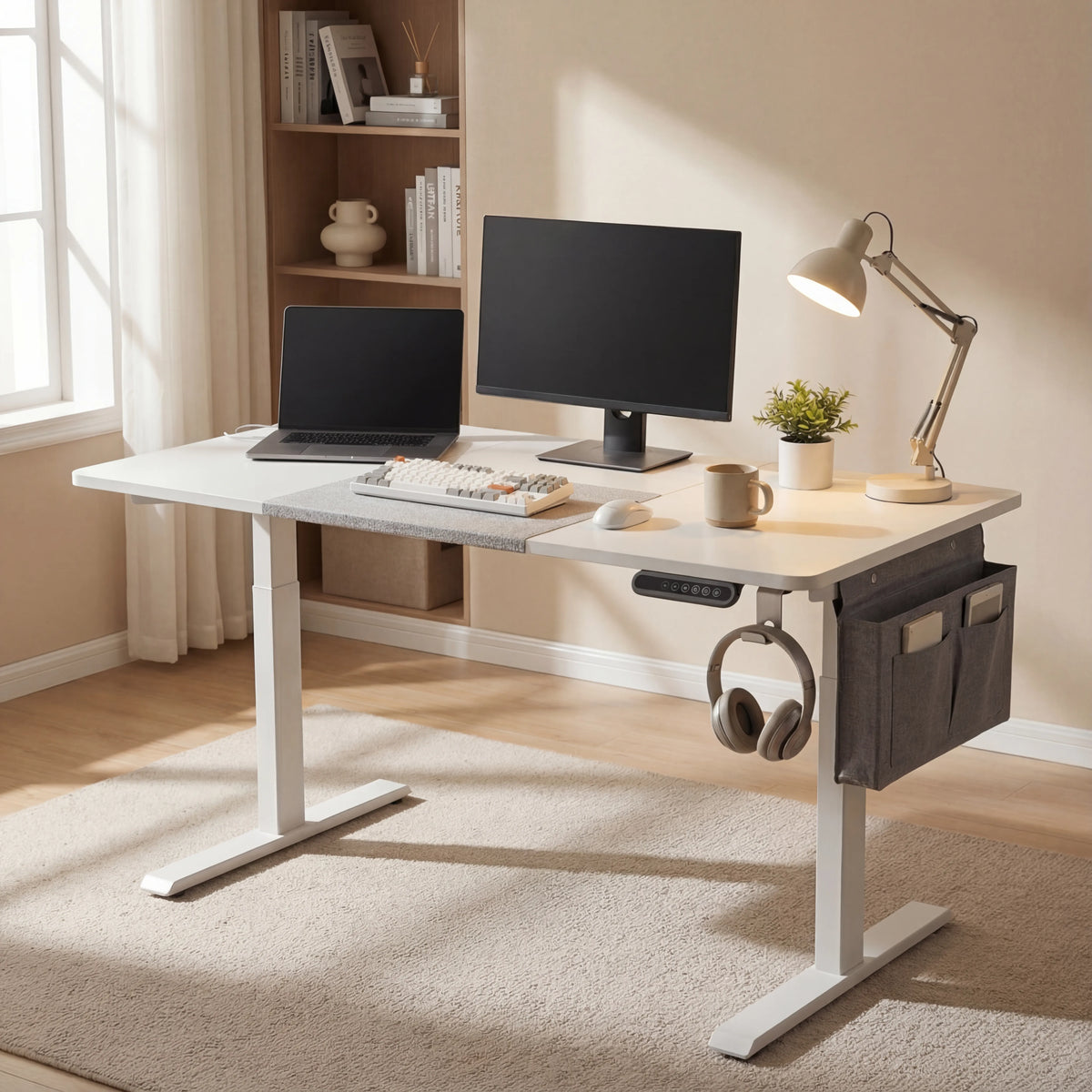[120cm x 60cm] Lifestyle of 120x60cm white electric standing desk on cream rug with monitor, lamp and fabric pocket