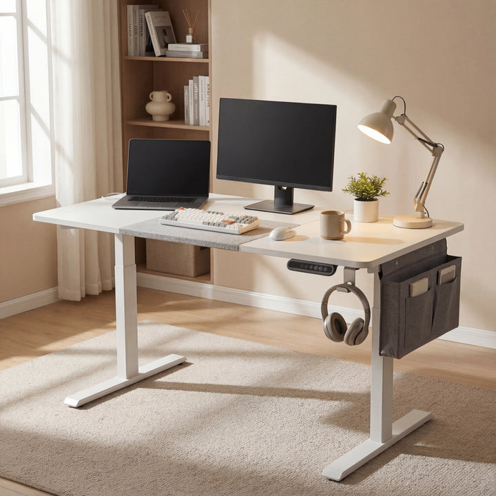 [120cm x 60cm] Lifestyle of 120x60cm white electric standing desk on cream rug with monitor, lamp and fabric pocket