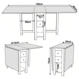 [150cm | White]  Stovra Drop Leaf Dining Table technical drawing showing fully extended, half open, and folded dimensions