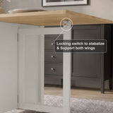 [150cm | White]  Stovra Drop Leaf Dining Table locking switch mechanism callout showing wing stabiliser hardware close up