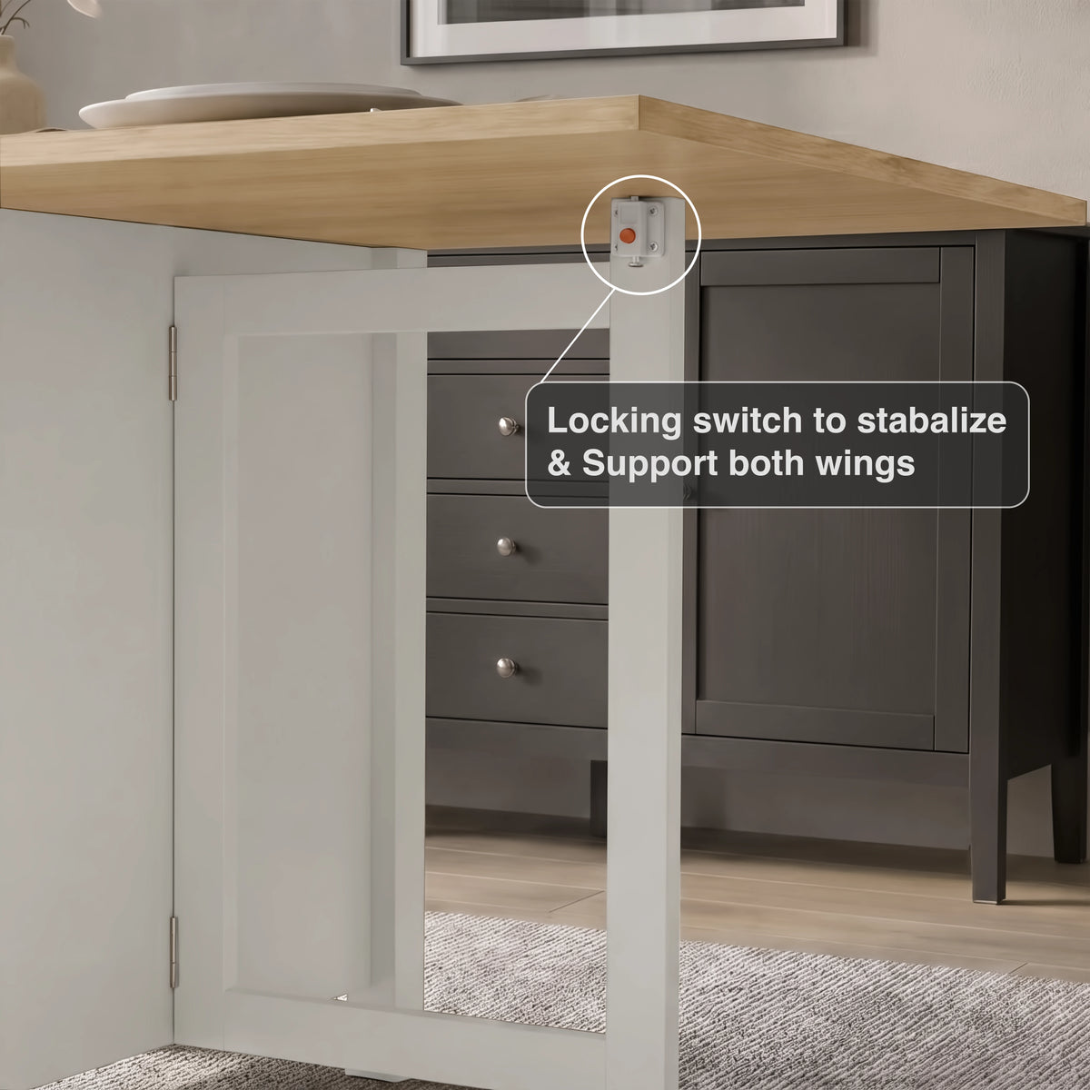 [150cm | White]  Stovra Drop Leaf Dining Table locking switch mechanism callout showing wing stabiliser hardware close up