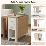 [150cm | White]  Stovra Drop Leaf Dining Table infographic showing fully expanded, half folded, and folded configurations