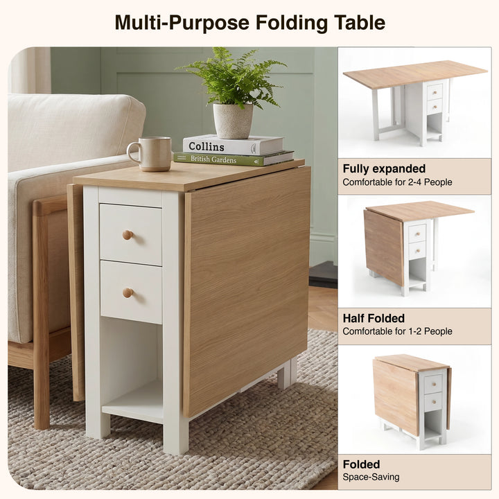 [150cm | White]  Stovra Drop Leaf Dining Table infographic showing fully expanded, half folded, and folded configurations