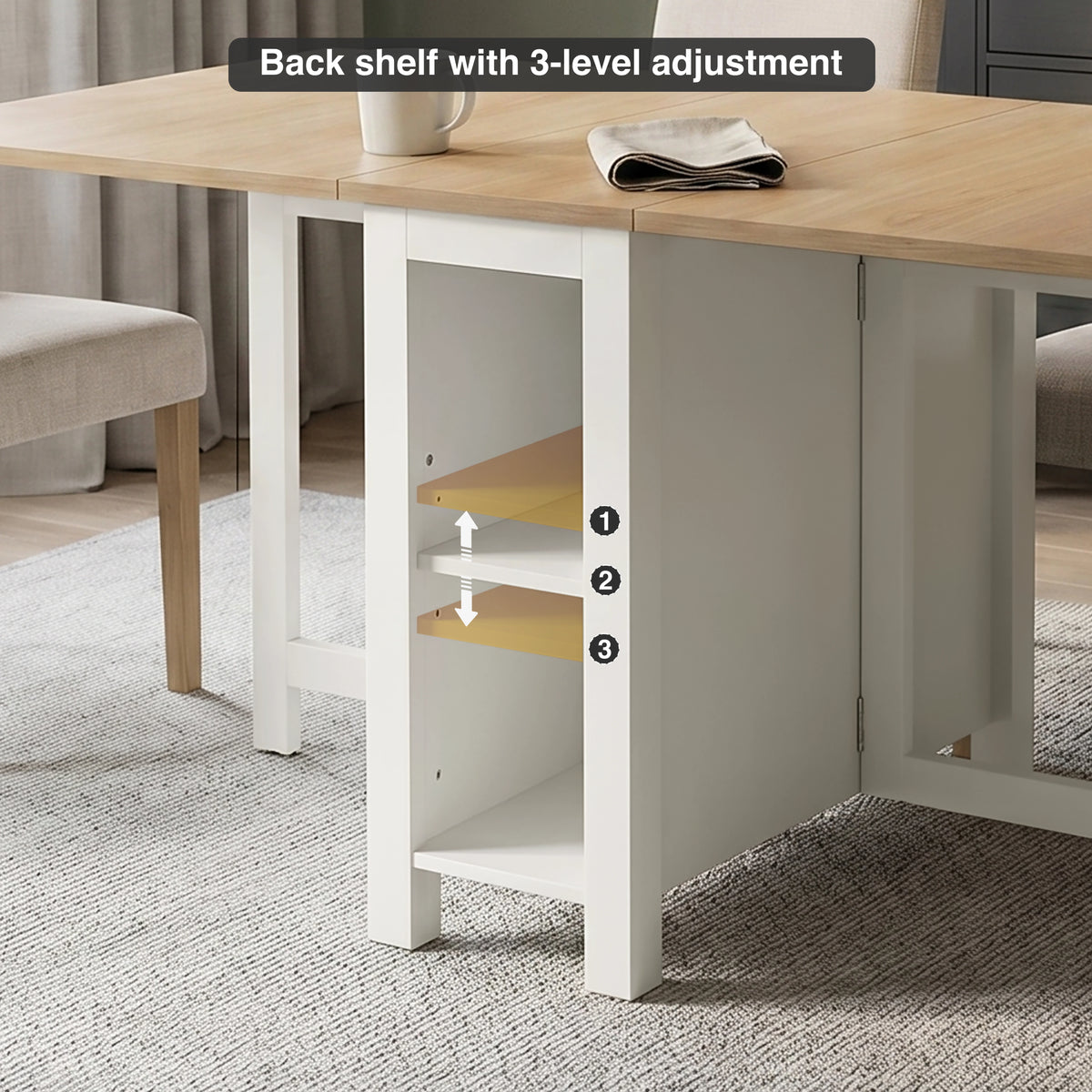 [150cm | White] Stovra Drop Leaf Dining Table back shelf detail showing 3-level height adjustment positions