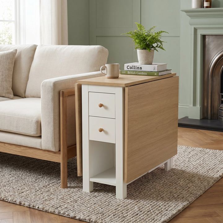 [150cm | White]  Stovra Drop Leaf Dining Table used as a side table beside a sofa with one leaf extended and plant on top