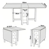 [130cm | White] Stovra Drop Leaf Dining Table technical drawing showing fully extended, half open, and folded dimensions
