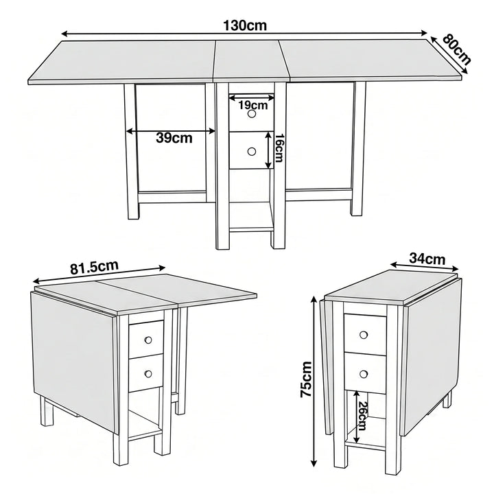 [130cm | White] Stovra Drop Leaf Dining Table technical drawing showing fully extended, half open, and folded dimensions