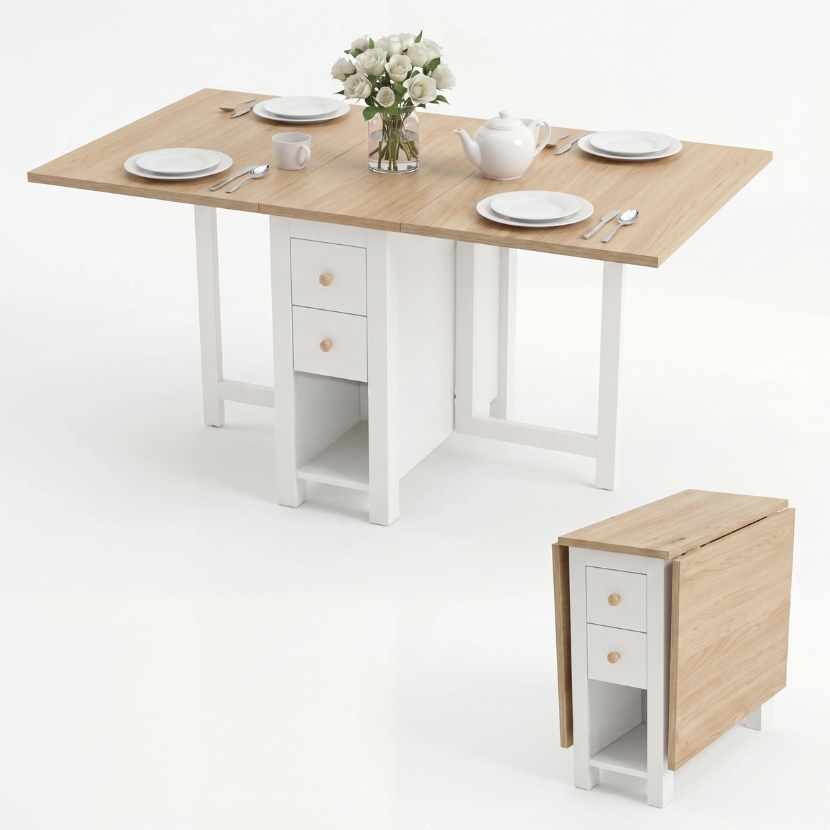 [130cm | White]  Stovra Drop Leaf Dining Table with Storage shown fully extended set for a meal, alongside its compact folded view.