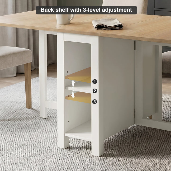[130cm | White]  Stovra Drop Leaf Dining Table back shelf detail showing 3-level height adjustment positions