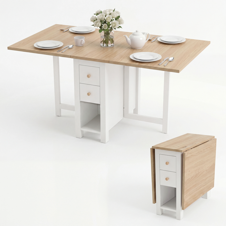 [150cm | White] Stovra Folding Dining Table with Storage shown fully extended set for a meal, alongside its compact folded view.