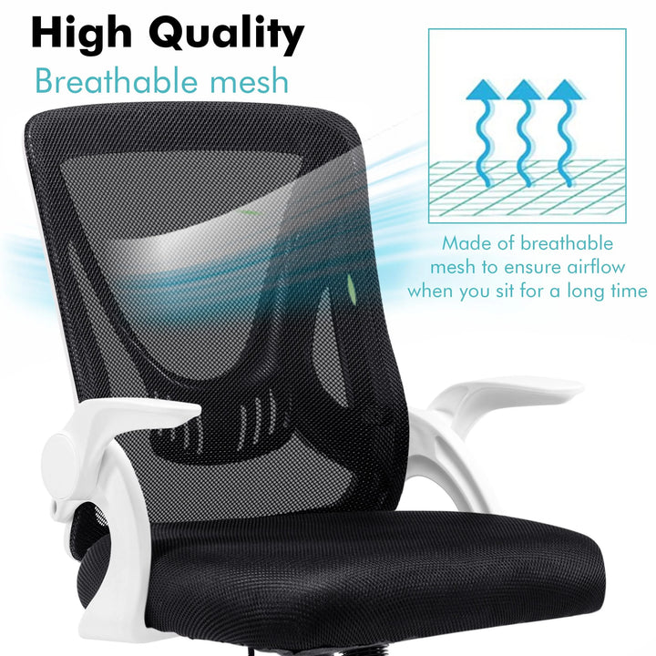[White] Close-up of white small office chair featuring breathable mesh for improved airflow and comfort.
