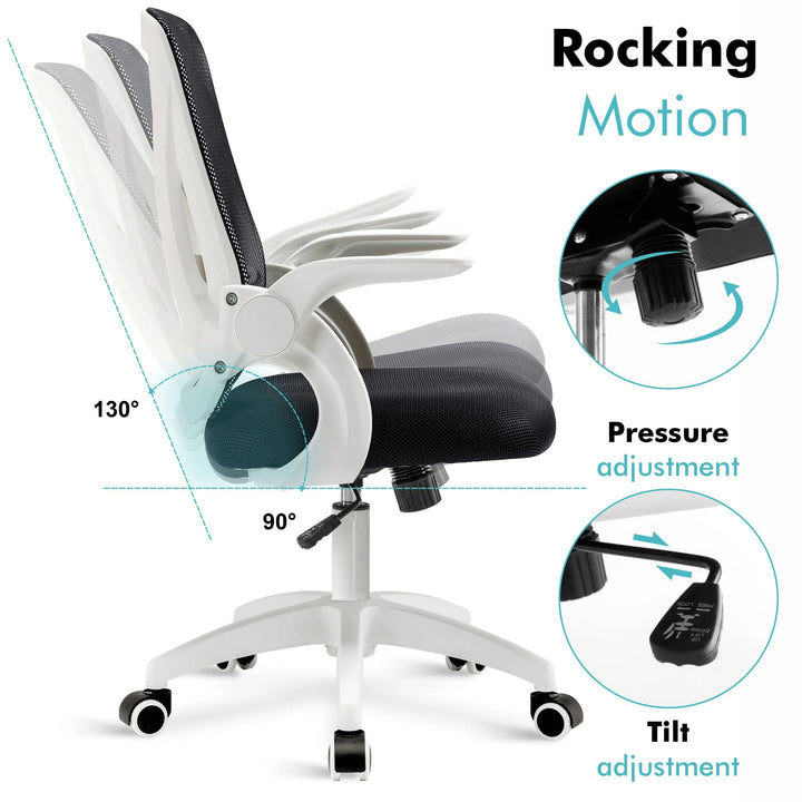 [White] White mesh office chair with adjustable height and tilt lock for a comfortable, ergonomic seating experience.