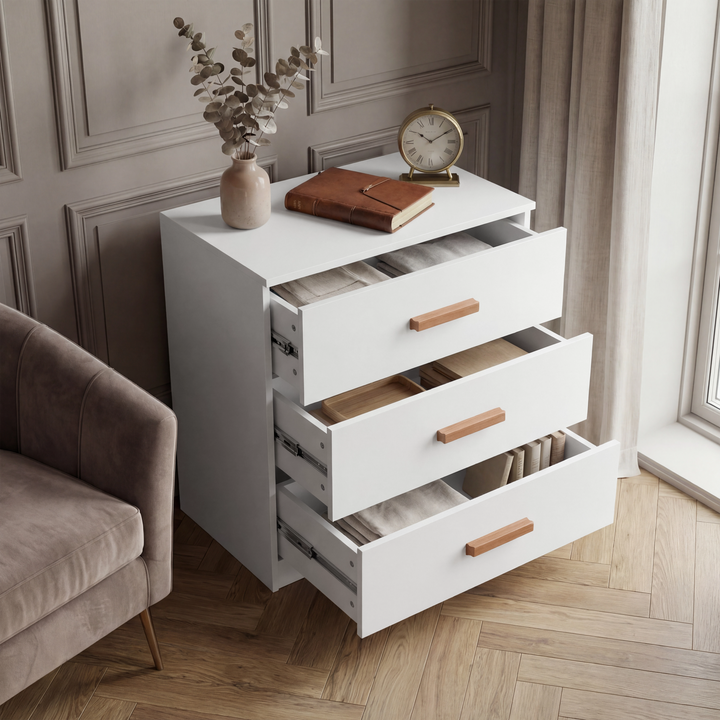 [White] bedroom drawers with all drawers extended displaying interior storage capacity and depth