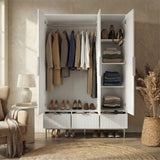 [White] Three-door open white wardrobe with drawers displaying hanging space and folded clothing stacked in shelves placed in a room