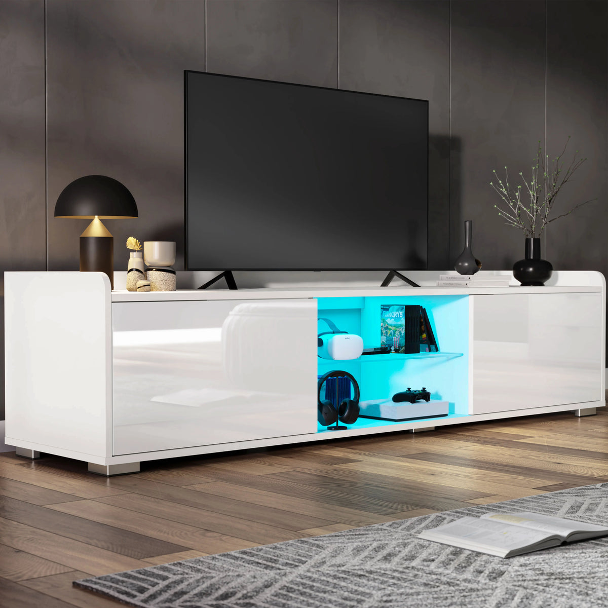 [White] TV stand unit in white gloss with wall-mounted television above and blue LED lit central shelf