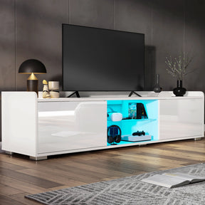 [White] TV stand unit in white gloss with wall-mounted television above and blue LED lit central shelf