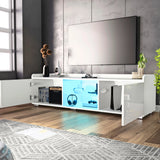 [White] angled view of white gloss TV unit with TV above and blue LED lighting inside open central shelves
