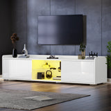 [White] Yellow LED setting on white high gloss TV unit, two closed cabinets flanking lit centre shelf