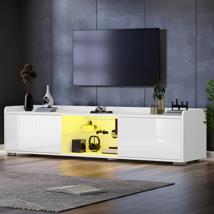 [White] Yellow LED setting on white high gloss TV unit, two closed cabinets flanking lit centre shelf