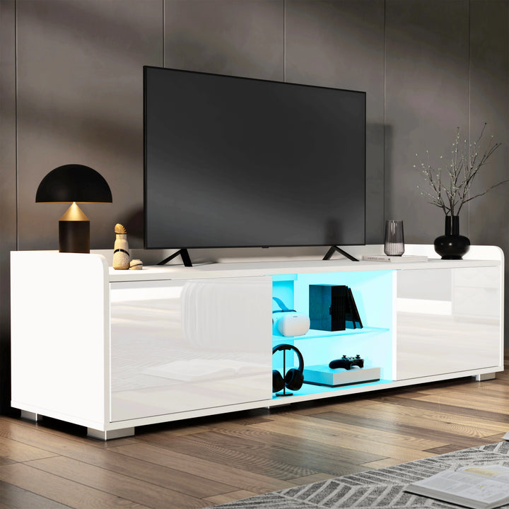 [White] white high gloss TV unit 140cm wide with flat-screen TV on top and blue LED-lit middle compartment