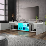 [White] High gloss TV stand with storage, blue LED central shelves, console and headphones inside
