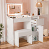 [White] vanity table with illuminated mirror and stool in a room setting.