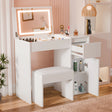 [White] vanity table with illuminated mirror and stool in a room setting.