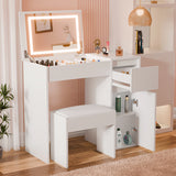 [White] vanity table with illuminated mirror and stool in a room setting.