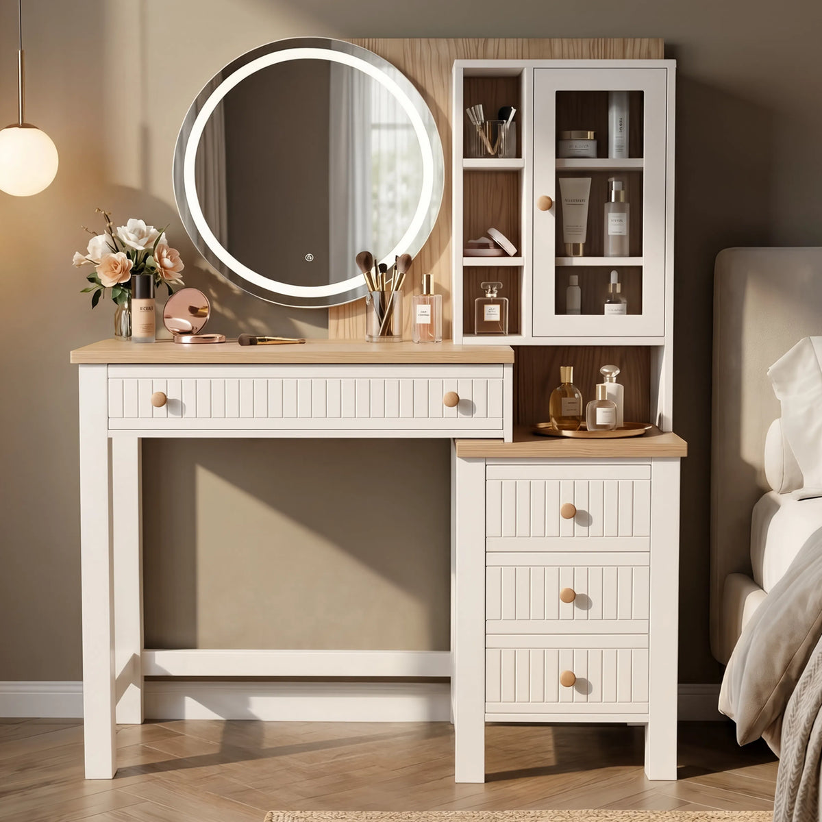 [White] Linra White Painted Dressing Table with LED Mirror and Storage straight-on view highlighting its cabinets.
