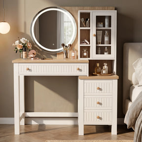 [White] Linra White Painted Dressing Table with LED Mirror and Storage straight-on view highlighting its cabinets.