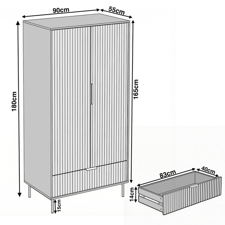 [White]   2 door wardrobe measurement diagram showing height 180 cm, width 90 cm, and depth 55 cm layout