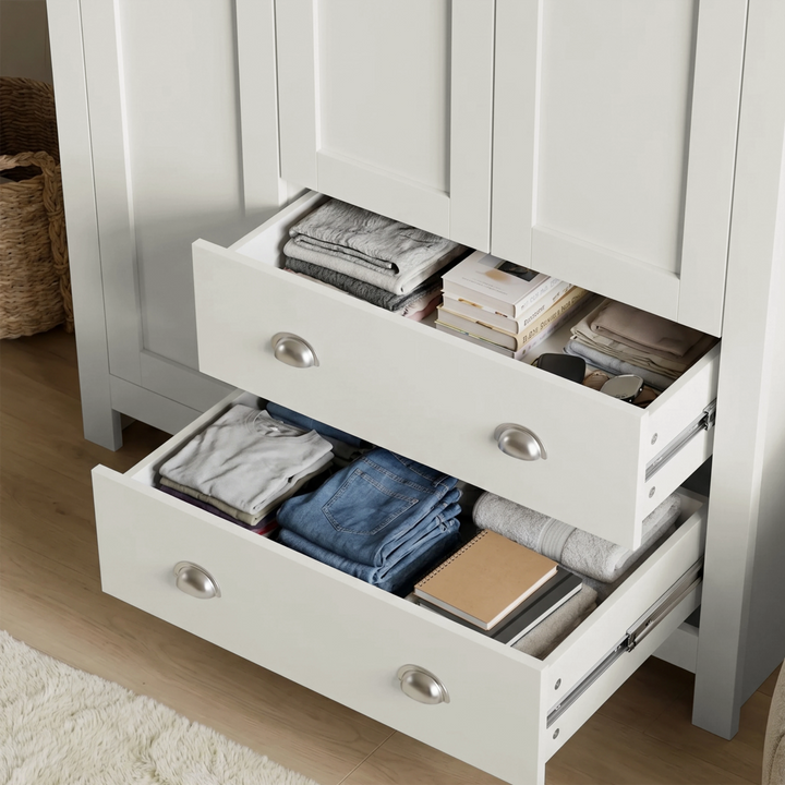[White] Shaker Triple Wardrobe With Drawers And Shelves with the two base drawers open revealing folded clothes.