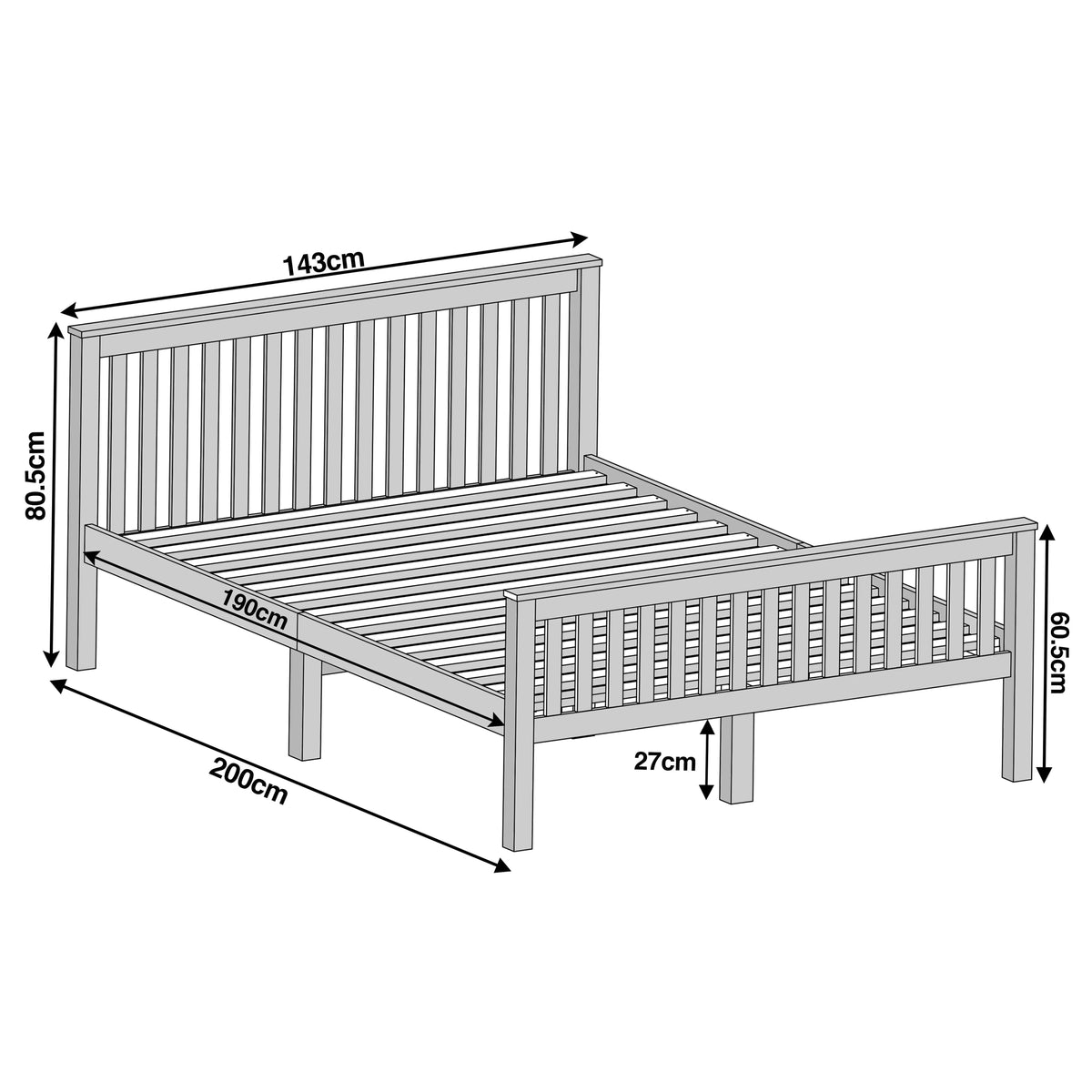 [White | Double] wooden double bed frame diagram, 200cm long, 143cm wide, 80.5cm head, 60.5cm foot