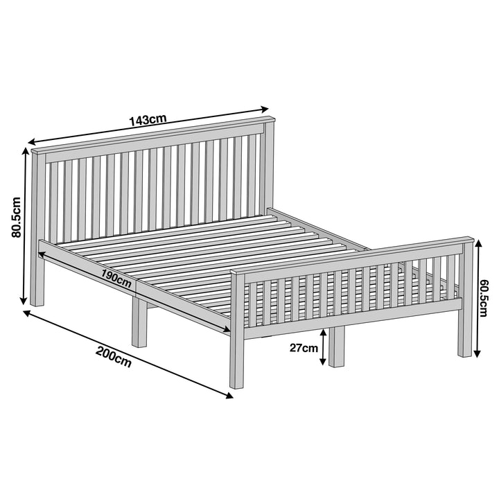 [White | Double] wooden double bed frame diagram, 200cm long, 143cm wide, 80.5cm head, 60.5cm foot