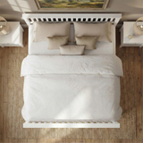 [White | Double] wooden double bed frame top-down view, white duvet and beige pillows on slatted headboard