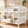 [White] Wooden bunk bed in a bright kids room with ladder, guard rails and styled mattresses
