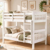[White] Wooden bunk bed in a bright kids room with ladder, guard rails and styled mattresses