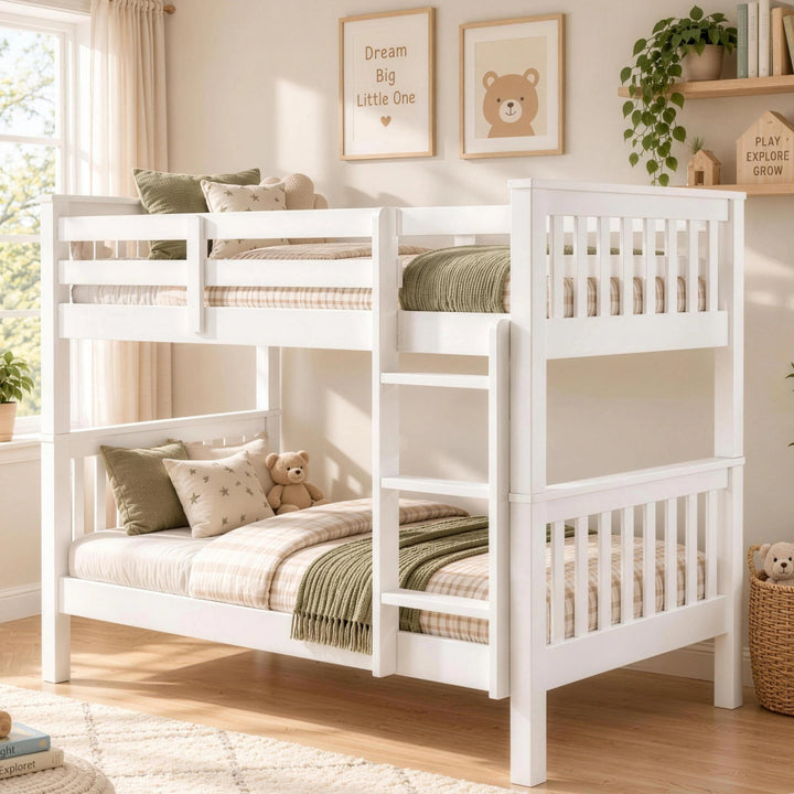 [White] Wooden bunk bed in a bright kids room with ladder, guard rails and styled mattresses