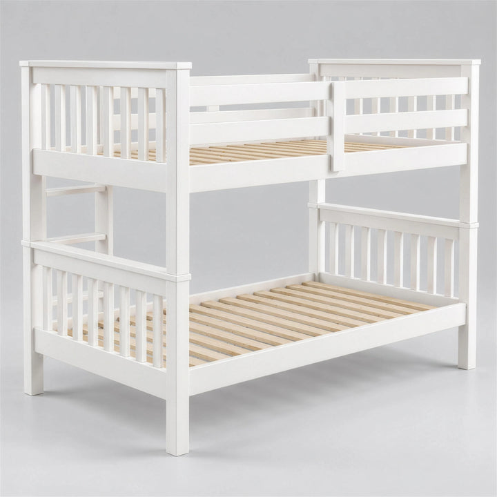 [White] Side angle of the bunk bed showing ladder access, raised guard rails and lower slatted platform