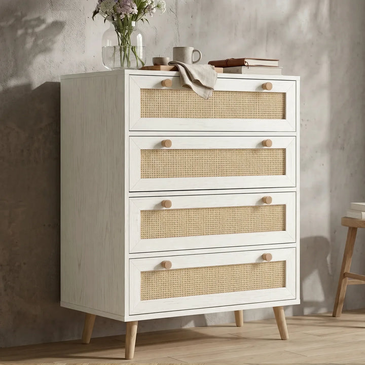 [White] Woven Rattan 4 Drawer Chest of Drawers, White shown from a classic angled perspective against a neutral textured wall.