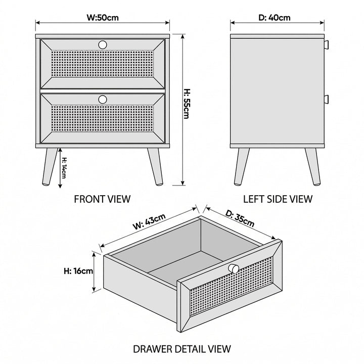 [White] Wovena 2 drawer bedside table W50 x D40 x H55cm dimensions