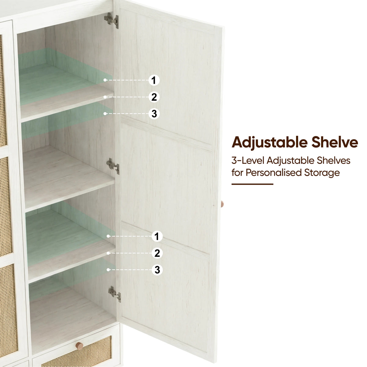 [White] Wovena 3 door wardrobe open interior showing three highlighted adjustable shelves for personalised storage