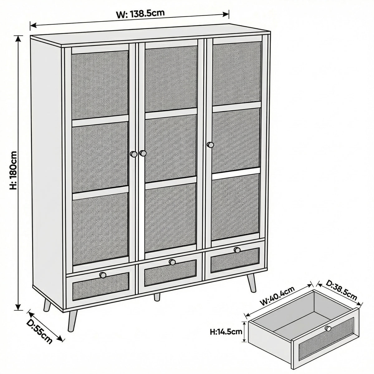 [White] Wovena 3 door wardrobe dimension diagram showing 138.5cm width, 180cm height and 55cm depth
