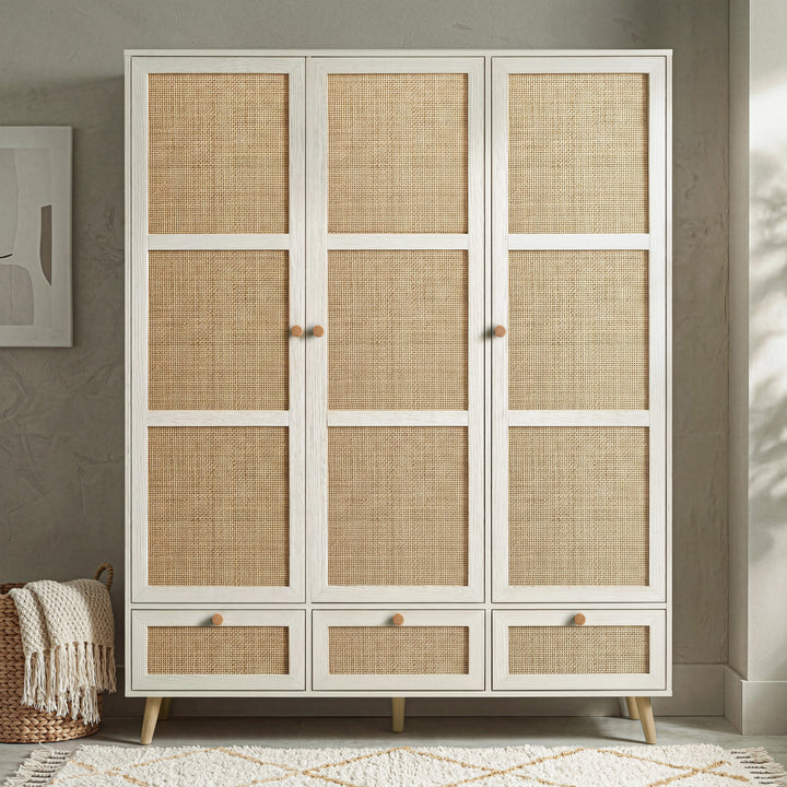 [White] Three-door Wovena rattan wardrobe with pine round knobs lined up across upper doors and lower drawers
