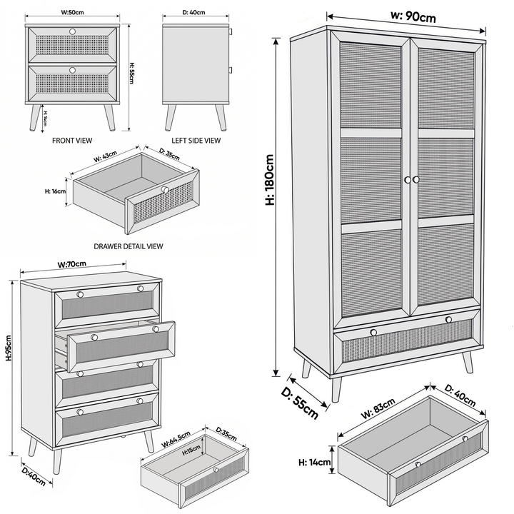 [White] Wovena rattan bedroom furniture set dimensions: wardrobe 90x55x180cm, chest 70x40x95cm, bedside 50x40x55cm