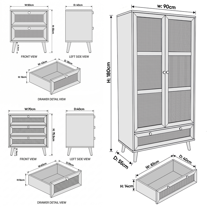 [White] Wovena rattan bedroom furniture set: wardrobe 90x55x180, chest 70x40x75, bedside 50x40x55 cm