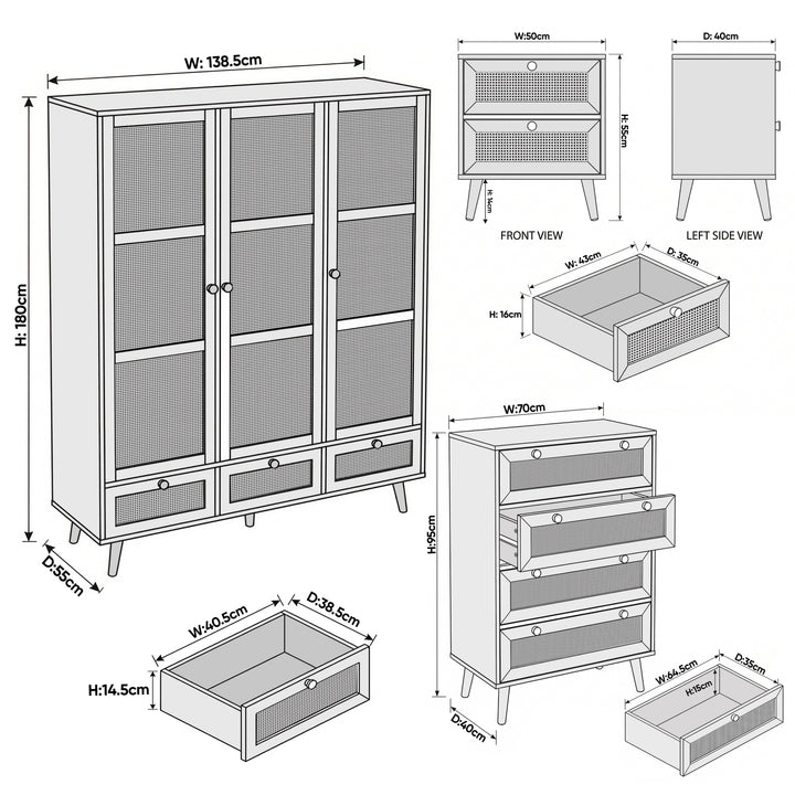 [White] Wovena rattan bedroom furniture set: wardrobe 138.5x55x180cm, chest 70x40x95cm, bedside 50x40x55cm
