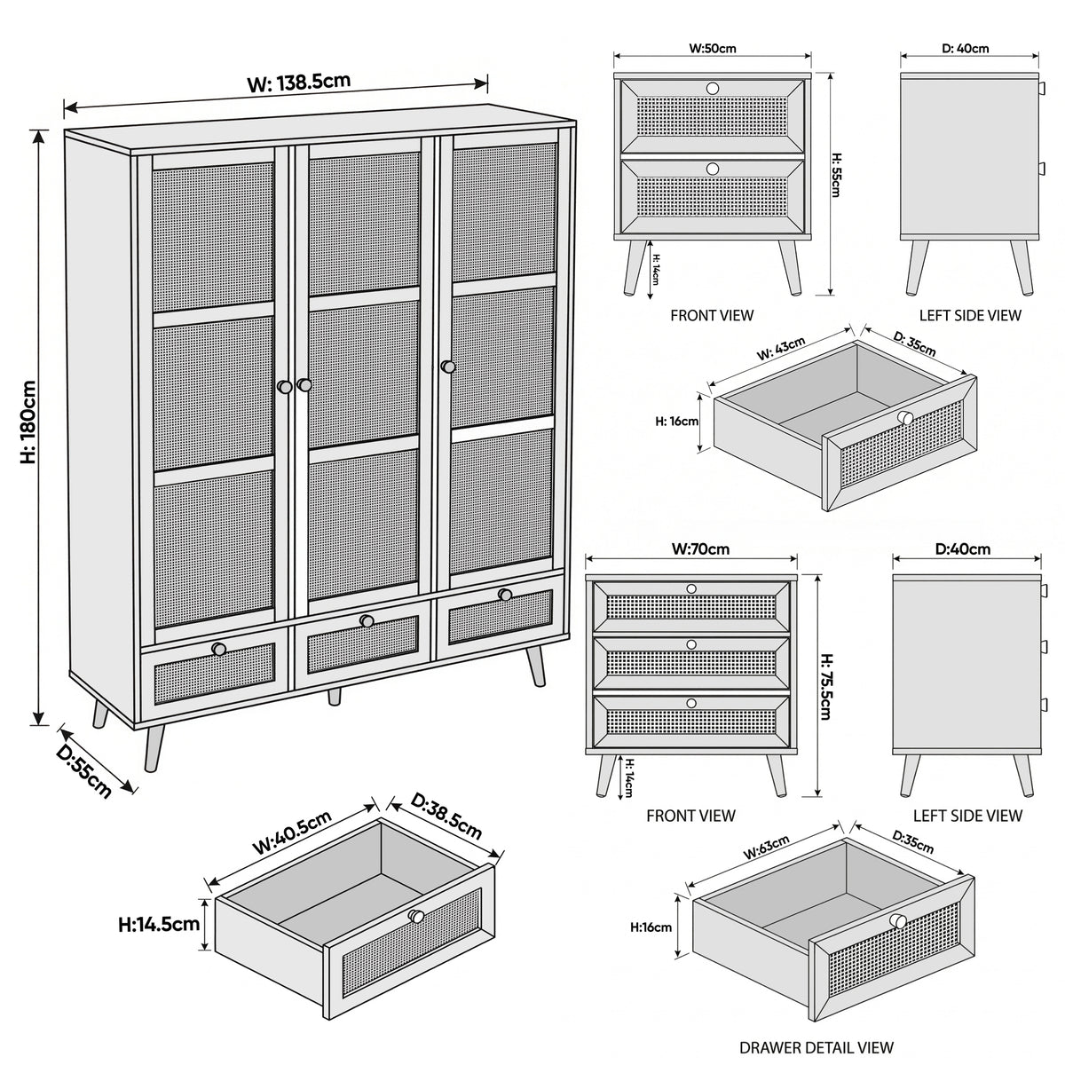 [White] Wovena bundle dimensions: bedside 50x40x55cm, 3-drawer chest 70x40x75.5cm, wardrobe 138.5x55x180cm