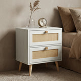 [White] Two rattan-front drawers stacked on the Wovena bedside, pine knob centred on each cane panel