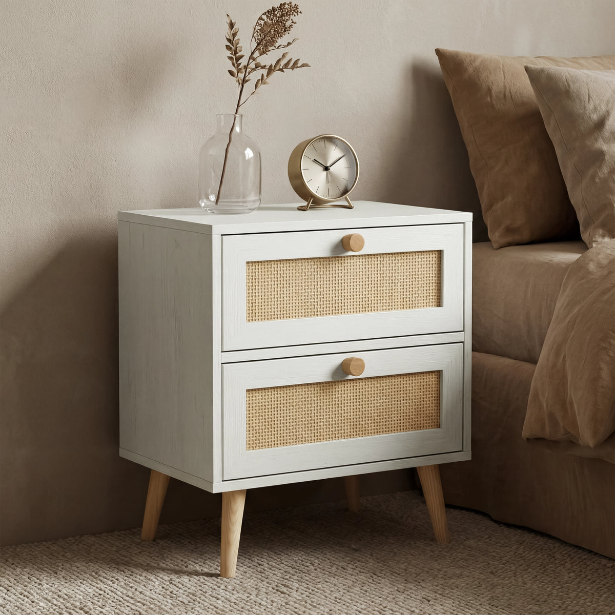 [White] Two rattan-front drawers stacked on the Wovena bedside, pine knob centred on each cane panel